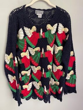 Vintage Berek Navy Open-Knit Angel Motif Sweater Size P/S